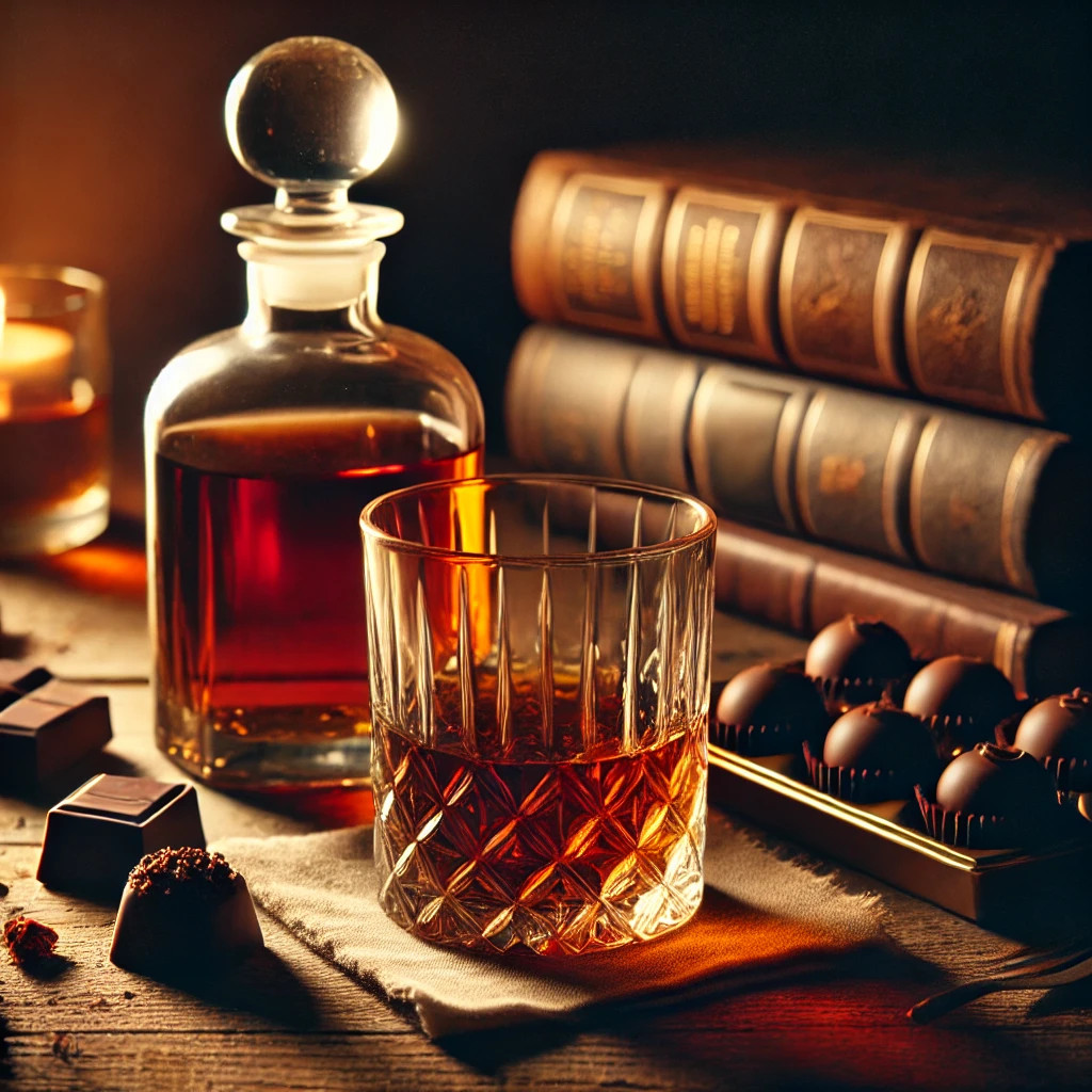 glass of whiskey and books with chocolate 